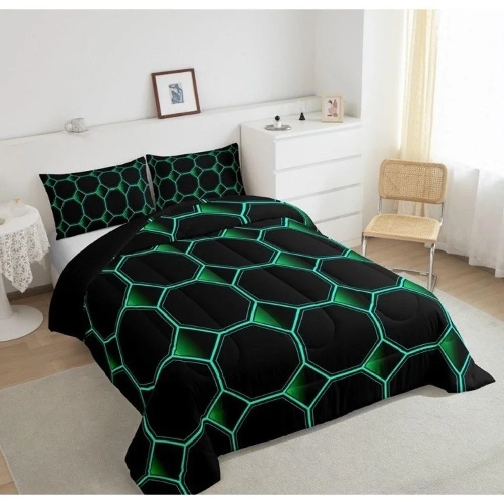 Hexagonal Bedding Set 3D Geometric Honeycomb Comforter Set Green Sz King